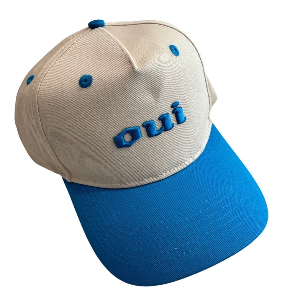 Oui Embroidered Snapback Hat Tan Blue Two Tone Stronger Than Most Cap Mens - Picture 1 of 6